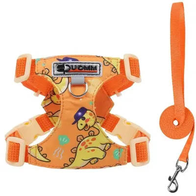Image de Harnais Chien Réglable Léger Respirant avec Logo Réfléchissant et Laisse - Motif Dinosaure Orange XS