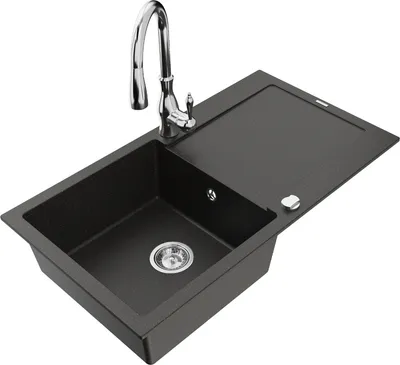 Produktbild von Mexen Leo 1 Becken-Granitspüle mit Abtropffläche und Mischbatterie Savita, Schwarz/Gold metallisch - 6501-75-672601-00