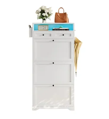 Produktbild von Schuhschrank schmal 60x24x150 cm Weiß – 3 Klappen, LED, verstellbare Böden, kippsicher, für 12–18 Paar Schuhe