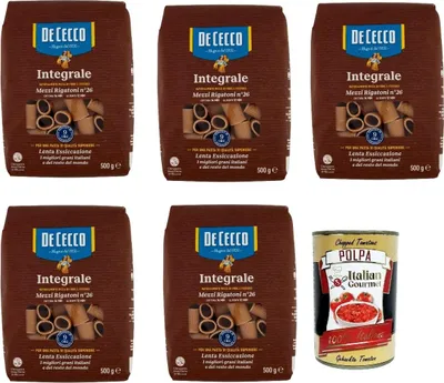 Produktbild von De Cecco Integrale Mezzi Rigatoni N° 26, Pasta integrale, Vollkornnudeln, 5x 500g + Italian Gourmet polpa 400g