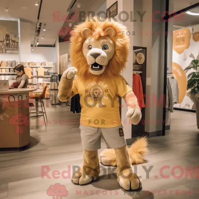 Produktbild von Maskottchen REDBROKOLY eines hellbraunen Löwen mit T-Shirt mit Aufdruck und Ohrringen