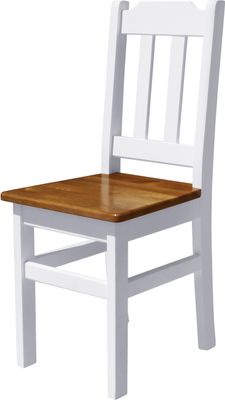 Biela stolička z masívneho borovicového dreva so sedadlom vo farbe dub
