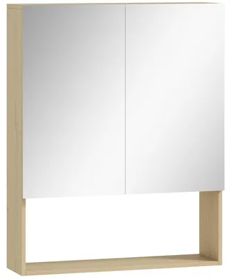 Image de Armoire de salle de bain avec portes en miroir et étagère ouverte | Couleur : Marron | Dimensions : 60 x 16,6 x 75 cm
