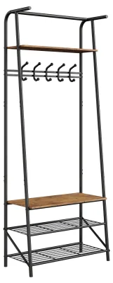 Produktbild von Garderobenständer für den Flur mit Sitzbank und Schuhablage, 60 cm, Loft-Stil – Freistehender Garderobenständer mit Haken (Rustikales Braun / Schwarz)