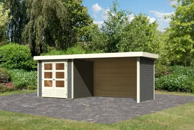 Produktbild von Karibu Gartenhaus Gerätehaus Askola 2 im Set mit Anbaudach 2,80 m Breite und 19 mm Seiten- Rückwand terragrau 468x217x211 cm