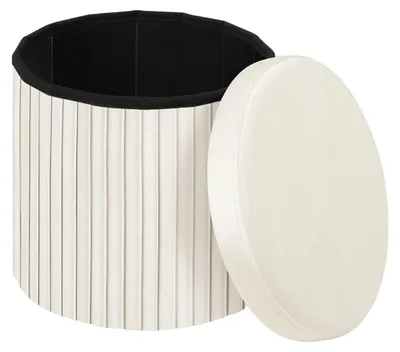 Image de Pouf en velours - Pouf de rangement rond - Pliable - Avec espace de rangement - Couvercle rembourré amovible - Revêtement en tissu - Petit - Couleur crème