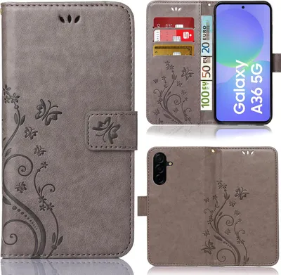 Produktbild von Handytasche für Samsung Galaxy A36 5G Schutz Hülle Handyhülle mit Blumenmuster Klapp Hülle mit Standfunktion und Kartenfächer Farbe: Grau