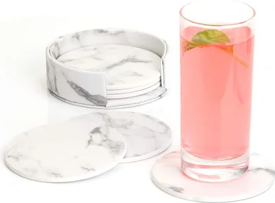 Obrázok produktu pre Prémiové kožené sklenené podložky s držiakom Sada 6 podložiek na poháre Pracovné podložky do baru Office Home Marble (biela)