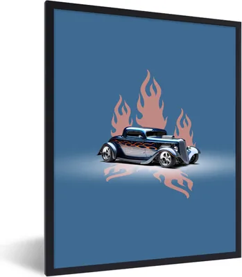 Produktbild von MuchoWow® Gerahmtes Poster Auto - Blau - Flammen - Vintage 60x80 cm - Poster mit Schwarzem Bilderrahmen Wandposter Rahmen Foto Bilder - Premium - Wanddeko Wohnzimmer