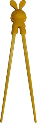 Produktbild von 073 Essstäbchen Chopsticks + 1 Clip Essstäbchenhelfer aus Gummi, Motiv Hase gelb