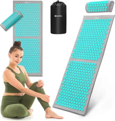 Produktbild von Akupressurmatte XL 130 cm mit Kissen & Tasche – HyperMotion Akupressur Massage Matte grau-mint