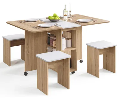 Obrázek produktu pro Skládací jídelní stůl se 4 židlemi, rozkládací, s kolečky a úložnými prostory, buk/bílá, 120 x 80 x 80 cm