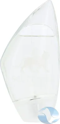 A clear glass perfume bottle with a unique, angular shape, containing a light-colored liquid. A faint etched image of a lion and the word "SCULPTURE" are visible on the bottle.