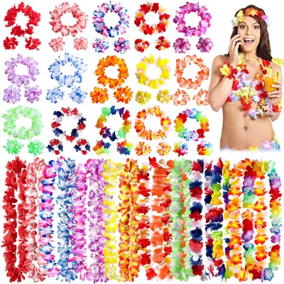 Hawaii-Blumenkranz-Set, 60 Teile, Polyester, bunt, für Partys