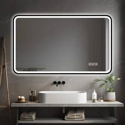 Produktbild von LED Badezimmerspiegel 60x100 cm mit schwarzem Aluminiumrahmen – Front- & Hintergrundbeleuchtung, Anti-Beschlag, 3 Lichtfarben, dimmbar, Memory-Funktion – IP44, horizontal & vertikal montierbar