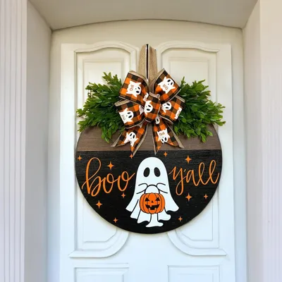 Produktbild von Halloween Willkommensschild Dekoration, Halloween Willkommensschild zum Aufhängen für die Haustür, Halloween Türhänger aus Holz,Stil D