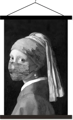 Produktbild von MuchoWow® Textilposter Das Mädchen mit dem Perlenohrring und der blauen Mundhaube - Gemälde von Johannes Vermeer - schwarz-weiß 120x180 cm mit schwarzem Rahmen - Fotos