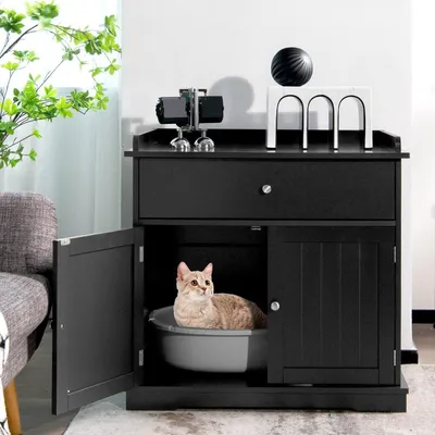 Image de Maison pour chat avec tiroir et 2 portes 3 en 1, maison pour chat, bac à litière pour chat, table d'appoint, noir