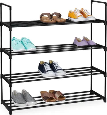 Image de Étagère à chaussures Relaxdays à emboîter, 4 niveaux, pour 16 paires de chaussures, L x l x H : 91,5 x 90,5 x 30,5 cm, étagère à chaussures en métal, noire