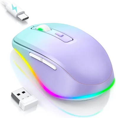 Produktbild von seenda Kabellose Maus LED, Wiederaufladbar Maus Kabellos mit Maus Jiggler, Leise 2.4G USB Funkmaus für Laptop, Computer Wireless Mouse(Hell Grün&Lila)