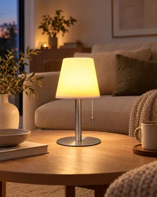 Productafbeelding van LED-tafellamp met oplaadbare batterij, dimbaar, kleurveranderend, met trekkoord, 4400mAh, metalen voet, zilverkleurig, hoogte 30 cm