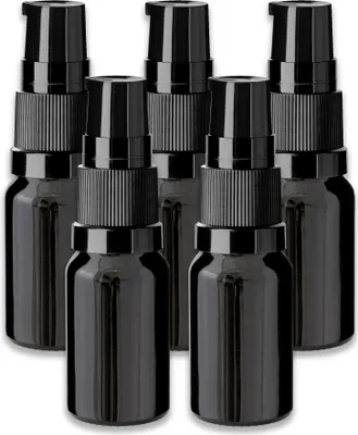 Produktbild von 5x Schwarze Glasflasche 10 ml mit Pumpe und Verschlusskappe – Tropfflasche