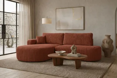 Image de Canapé d'angle avec fonction couchage et coffre de rangement, velours côtelé Tilia, cuivre, orientation gauche, ROUND ONE OPEN XL