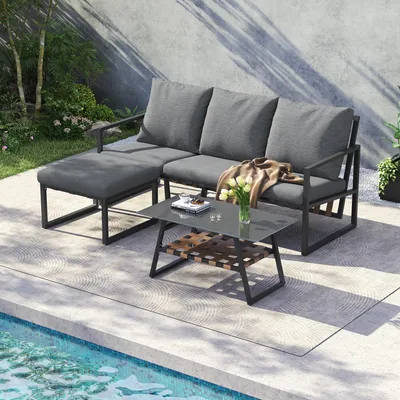Produktbild von Gartenmöbel-Set 4-teilig, Gartenlounge mit PolyurethanGeflecht & Glastisch, Ecksofa inkl. Hocker & Auflagen, verzinkter Stahl, wetterfeste Sitzgruppe für Terrasse & Balkon, Grau