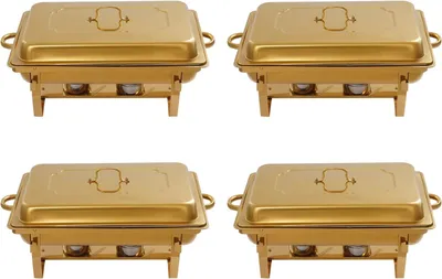 Obrázek produktu pro Sada chafing dish, 4 kusy: nádoba na jídlo o objemu 6,6 litru, nádoba na vodu o objemu 9,68 litru, elegantní zlatý design, odolná nerezová ocel