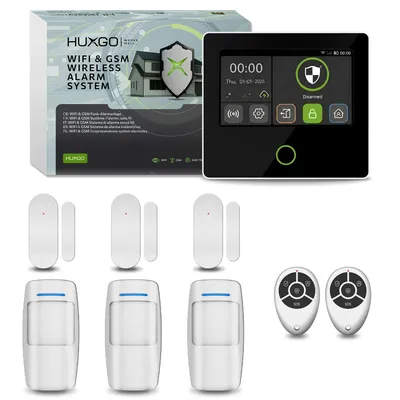 Produktbild von HUXGO Funk Alarmanlage Set HXA502 B mit Alarmsirene integrierter GSM 4G + WiFi, 3x Bewegungsmelder, 3x Tür- Fenstersensor