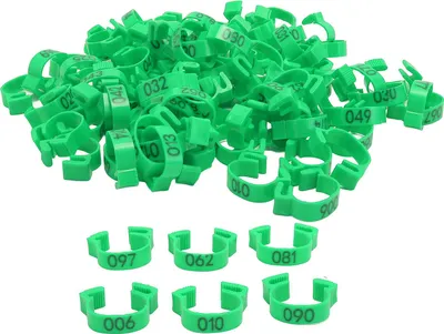 Produktbild von 100 Stück Hühnerbeinbänder, 20 mm, 001 bis 100, nummerierte Geflügel-Identifikationsmarken für Küken, Enten, Tauben, Gänse, Wachteln, grün