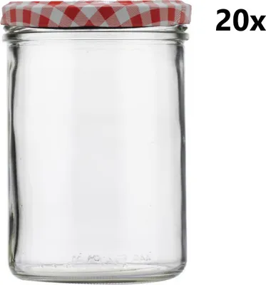 A clear glass jar with a red and white checkered lid, isolated on a white background.