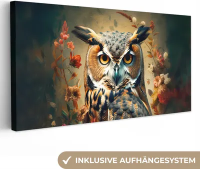 Produktbild von MuchoWow® - Leinwandbilder - Eule - Vogel - Blumen - Botanisch, Wandbild, Wanddeko Bilder Wohnzimmer, 80x40 cm