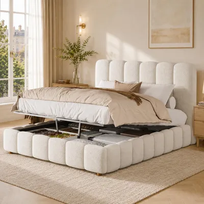 Immagine prodotto di Letto idraulico imbottito 140x200 cm con rete a doghe, letto contenitore idraulico con testiera imbottita, letto matrimoniale in tessuto bouclé, bianco, Immagine generata dall'IA