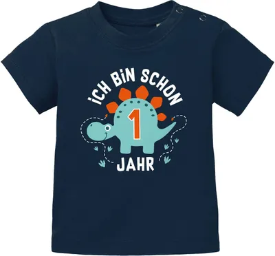 Produktbild von Baby T-Shirt 1. Geburtstag Spruch Ich bin schon 1 Jahr Dinosaurier Dino Geburtstagsshirt kurzarm Baumwolle MoonWorks® navy 92/98 (16-24-Monate)
