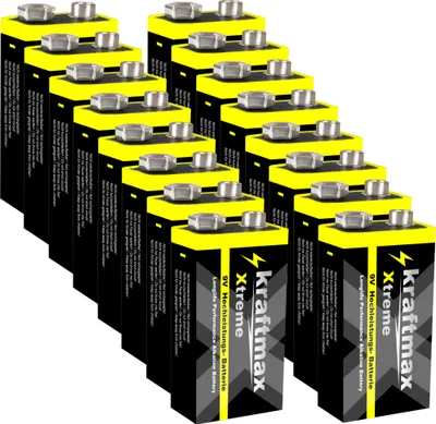 A stack of 9V batteries arranged in a diagonal pattern against a white background.