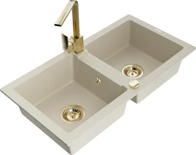 Produktbild von Mexen Mario 2-Becken-Granitspüle mit Mischbatterie Rita, Beige - 6504-69-670300-50