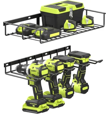 Imagen del producto de Organizador para herramientas eléctricas, soporte para taladros, montaje en pared, para garaje, con 2 niveles