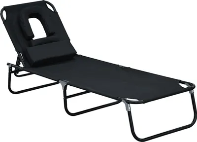 Obrázek produktu pro Fortuna Lai Lehátko Zahradní lehátko Relaxační lehátko s otvorem pro obličej a okénkem na čtení, třínohé, černé, ideální pro relaxaci venku