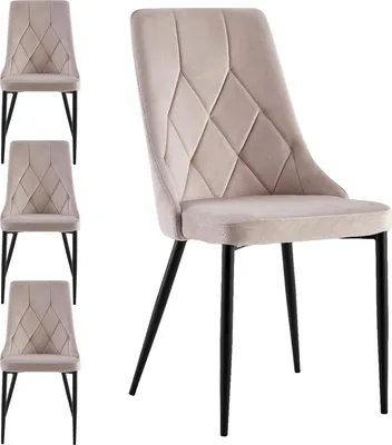 Four beige dining chairs with diamond-stitched upholstery and black metal legs are displayed against a white background. One chair is prominently featured in the foreground, while the other three are arranged behind it.