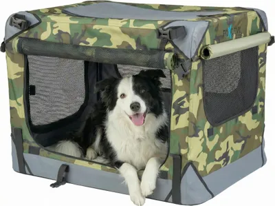 Produktbild von Foxdevil by xonic® Faltbare Hundebox / Katzenbox für mittelgroße Tiere – Hundetransportbox Auto und Zuhause – Transportbox Hund – Hundebox Auto Kofferraum (Camouflage, S)