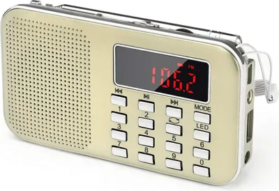 Produktbild von Mini-Taschenradio mit FM-Funktion, LED-Taschenlampe, Digitalradio-Lautsprecher, unterstützt Micro-SD-/TF-Karten/USB, automatische Sendersuche und Speicherfunktion, 600-mAh-Akku.