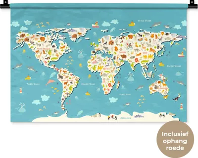 Produktbild von MuchoWow® Wandteppich Wandbehang Weltkarte - Kinder - Tiere - Kinder - Jungen - Mädchen 60x40 cm Tapisserie Dekoration Wandtuch - Wanddekorationen