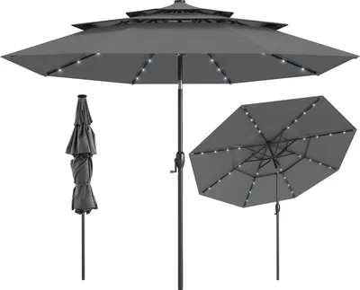 Zdjęcie produktu dla COSTWAY parasol 300 cm z diodami LED i korbką, parasol ogrodowy wiatroodporny, stabilny, parasol rynkowy składany po obu stronach pod kątem 35°, parasol balkonowy, szary
