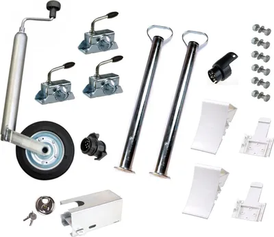 Produktbild von PKW Anhänger Zubehörset: Stützrad, Stützen 700 mm, Klemmhalter, Keile inkl. Halter (weiß), Kastensicherung, Schloss und Adapter inkl. Befestigungsmaterial