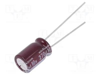 Imagen del producto de 2 condensadores: electrolíticos de baja impedancia, 270 µF, montaje en placa, 10 VDC, modelo UPV1A271MGD