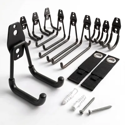 Produktbild von Relaxdays Wandhaken 12-tlg. Set, Wandhalter Garage, gummiert, Garten Gerätehalter, inkl. Kabel-Gurte, Edelstahl, schwarz