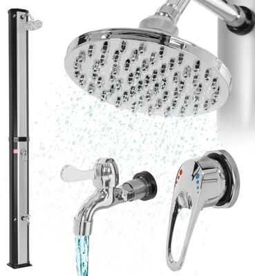 A collection of shower components including a solar shower column, a shower head, and a faucet, with water depicted flowing from the shower head and faucet.