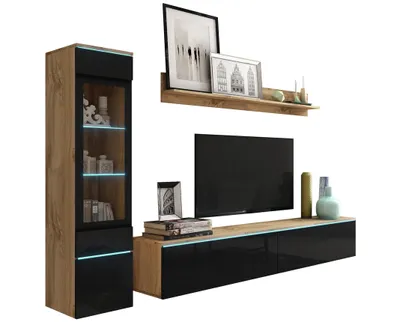 A modern living room wall unit with a display cabinet, TV stand, and shelf, all against a white background.