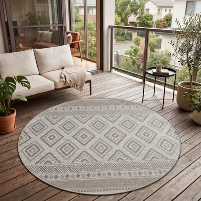 Produktbild von Outdoor Teppich Flachgewebe modern Boho Ethno wetterfest Außenbereich Grösse 160 cm Rund